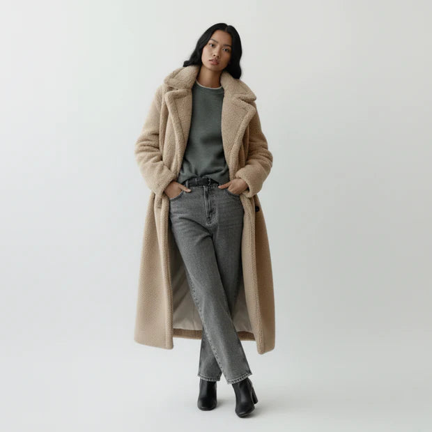 Langer Teddy Mantel für Damen | Mit Knopfverschluss