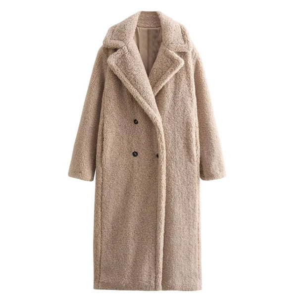 Langer Teddy Mantel für Damen | Mit Knopfverschluss