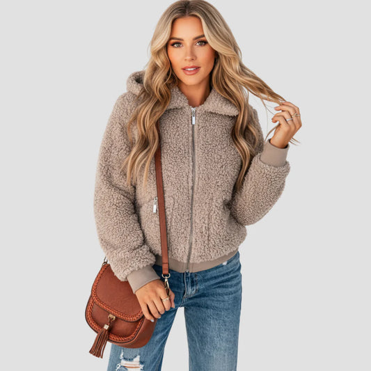 Reißverschlusstaschen Teddy Jacke für Damen | Flauschige Winterjacke